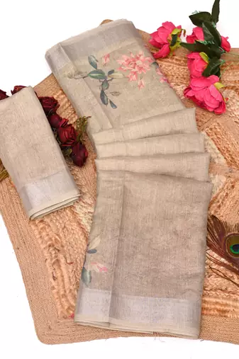 beige multicolor shimmer handloom cotton blend digital print saree