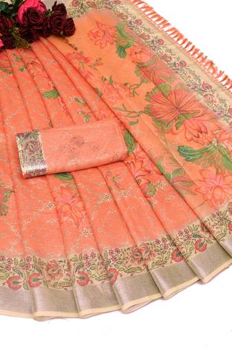 orange peach shimmer handloom cotton blend saree floral print (t sfhcs306)