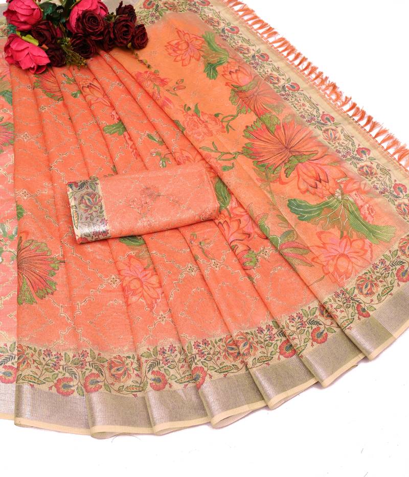 orange peach shimmer handloom cotton blend saree floral print