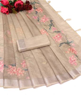 beige multicolor shimmer handloom cotton blend digital print saree (t sfhcs307) 2