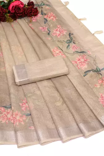 beige multicolor shimmer handloom cotton blend digital print saree