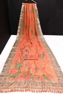 orange peach shimmer handloom cotton blend saree floral print 2