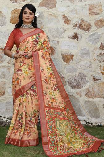 rust shimmer handloom cotton blend saree with ethnic border print (sfhcs326)