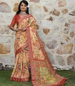 rust shimmer handloom cotton blend saree with ethnic border print (sfhcs326)