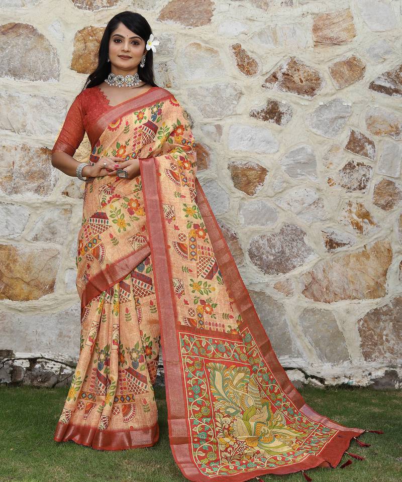 rust shimmer handloom cotton blend saree with ethnic border print (sfhcs326)