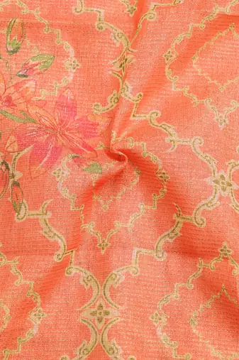 orange peach shimmer handloom cotton blend saree floral print
