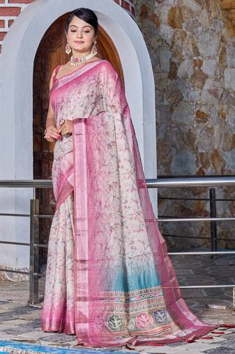 pink shimmer handloom cotton blend saree tonal floral print