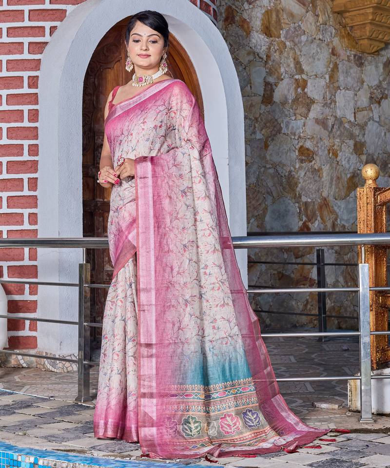 pink shimmer handloom cotton blend saree tonal floral print (sfhcs325)