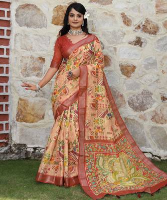 rust shimmer handloom cotton blend saree with ethnic border print (sfhcs326) 2
