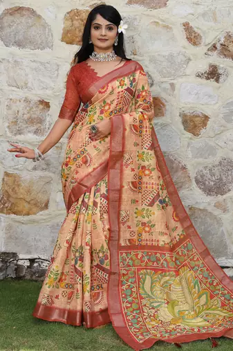 rust shimmer handloom cotton blend saree with ethnic border print