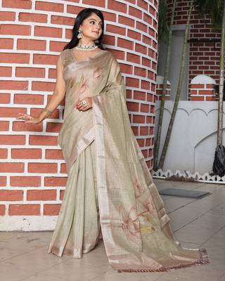 green shimmer handloom cotton blend saree floral print (sfhcs324) 1