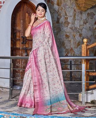 pink shimmer handloom cotton blend saree tonal floral print (sfhcs325) 2