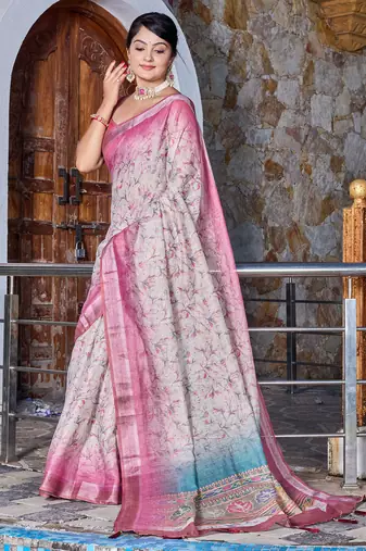 pink shimmer handloom cotton blend saree tonal floral print