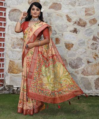 rust shimmer handloom cotton blend saree with ethnic border print (sfhcs326) 3