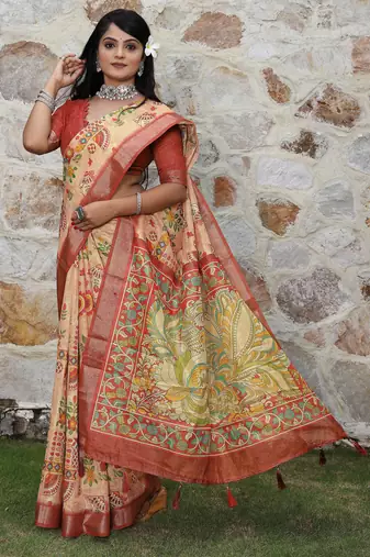 rust shimmer handloom cotton blend saree with ethnic border print