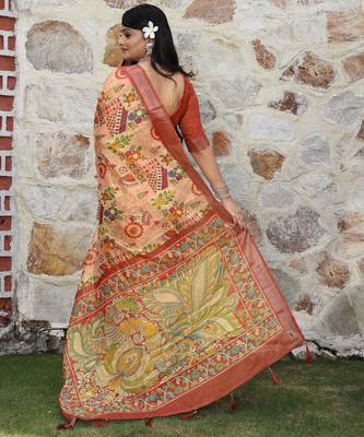 rust shimmer handloom cotton blend saree with ethnic border print (sfhcs326) 4