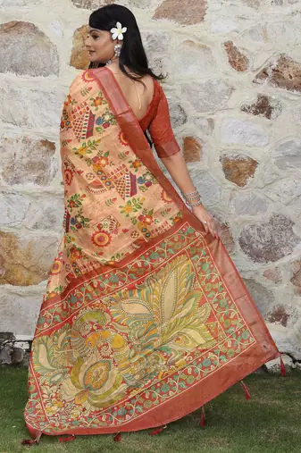rust shimmer handloom cotton blend saree with ethnic border print