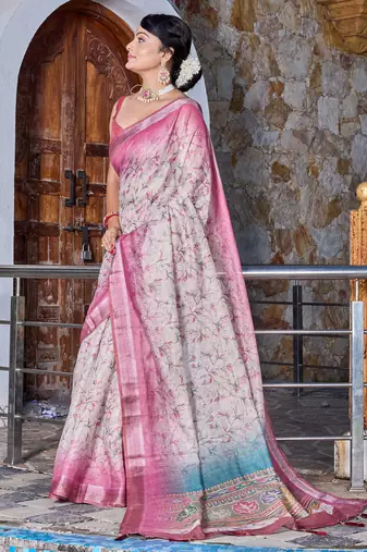 pink shimmer handloom cotton blend saree tonal floral print