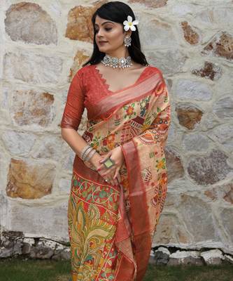 rust shimmer handloom cotton blend saree with ethnic border print (sfhcs326) 5