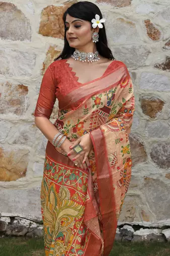 rust shimmer handloom cotton blend saree with ethnic border print