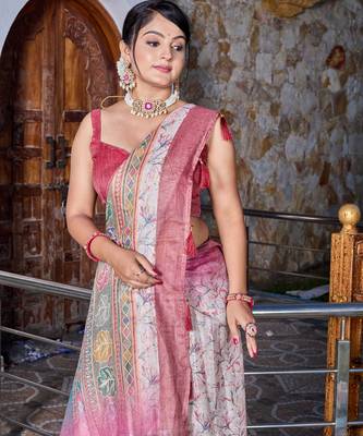 pink shimmer handloom cotton blend saree tonal floral print (sfhcs325) 5