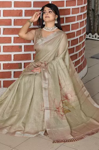 green shimmer handloom cotton blend saree floral print (sfhcs324)