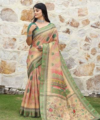 beige shimmer handloom cotton blend saree tonal floral print (sfhcs319) 1