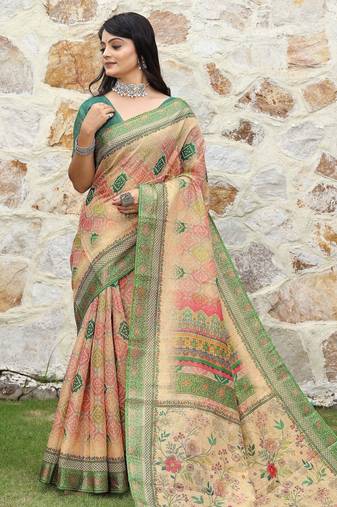 beige shimmer handloom cotton blend saree tonal floral print