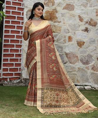 brown beige shimmer handloom cotton blend saree peacock border print (sfhcs323) 1