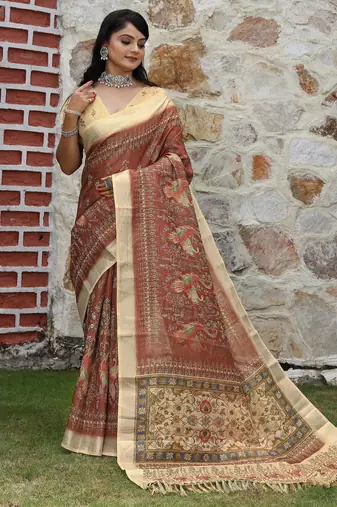 brown beige shimmer handloom cotton blend saree peacock border print