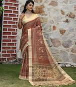 brown beige shimmer handloom cotton blend saree peacock border print (sfhcs323)