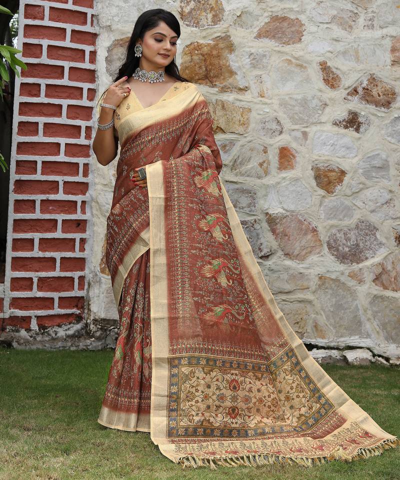 brown beige shimmer handloom cotton blend saree peacock border print (sfhcs323)