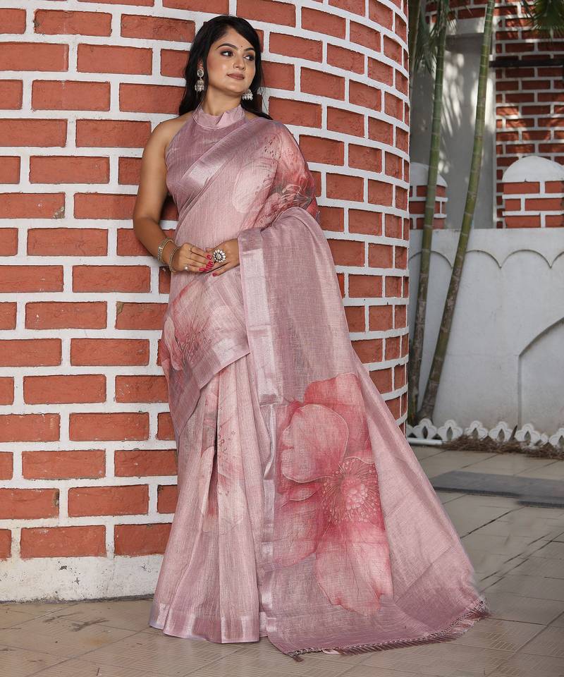pink multicolor shimmer handloom cotton blend saree ethnic border print (sfhcs318)