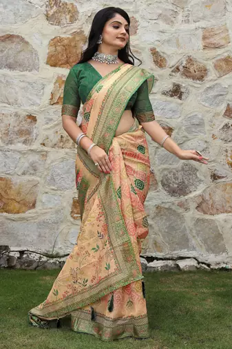 beige shimmer handloom cotton blend saree tonal floral print