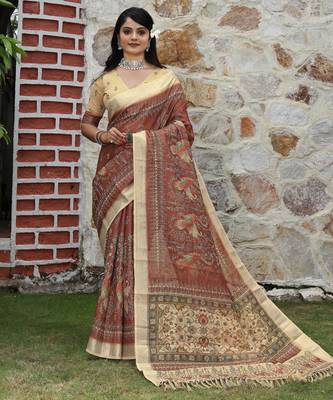 brown beige shimmer handloom cotton blend saree peacock border print (sfhcs323) 2