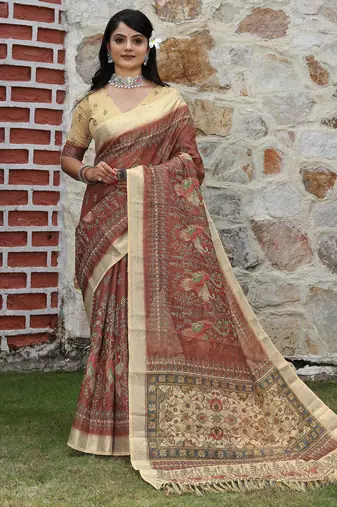 brown beige shimmer handloom cotton blend saree peacock border print