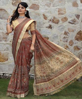 brown beige shimmer handloom cotton blend saree peacock border print (sfhcs323) 3