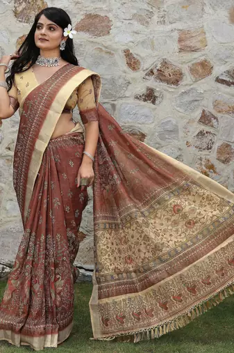 brown beige shimmer handloom cotton blend saree peacock border print