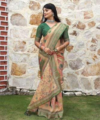 beige shimmer handloom cotton blend saree tonal floral print (sfhcs319) 3
