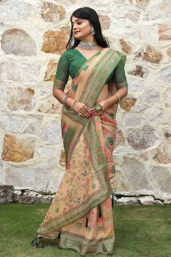 beige shimmer handloom cotton blend saree tonal floral print