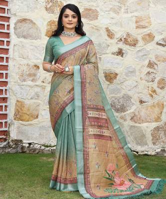 multicolor shimmer handloom cotton blend digital print saree (sfhcs317) 1