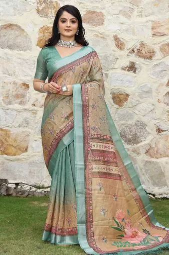 multicolor shimmer handloom cotton blend digital print saree