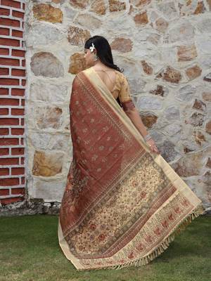 brown beige shimmer handloom cotton blend saree peacock border print (sfhcs323) 4