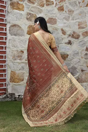 brown beige shimmer handloom cotton blend saree peacock border print
