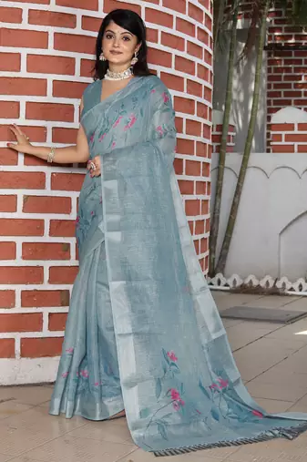grey multicolor shimmer handloom cotton blend saree floral print