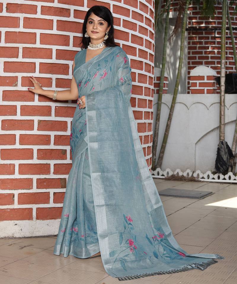 grey multicolor shimmer handloom cotton blend saree floral print (sfhcs316)