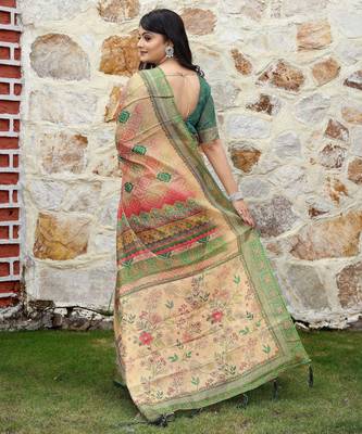 beige shimmer handloom cotton blend saree tonal floral print (sfhcs319) 4
