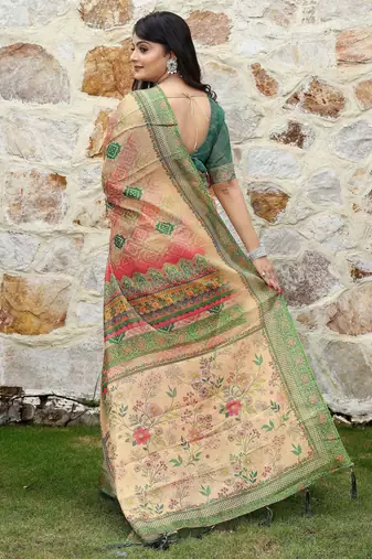 beige shimmer handloom cotton blend saree tonal floral print