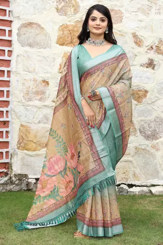 multicolor shimmer handloom cotton blend digital print saree