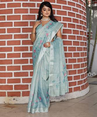 grey multicolor shimmer handloom cotton blend saree floral print (sfhcs316) 2